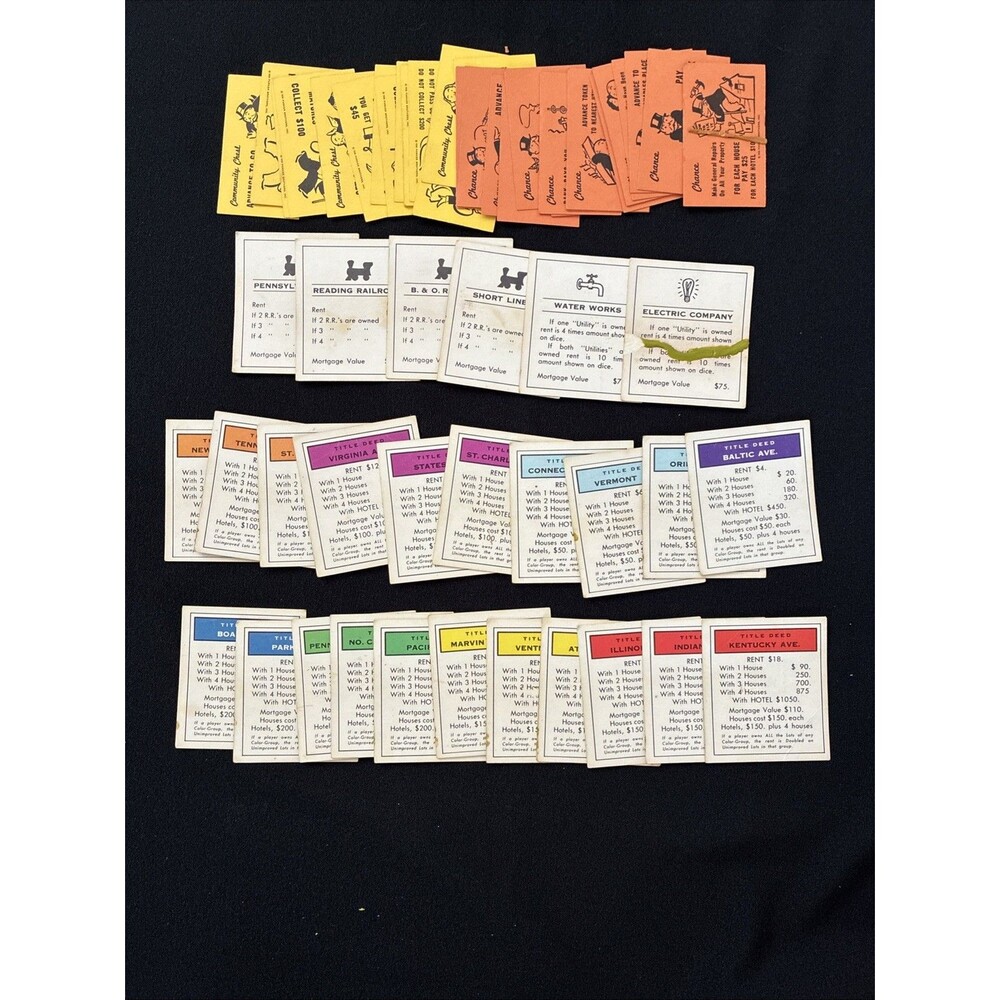1973 Monopoly Game Property Title Deed Community Chance Cards Replacement Parts